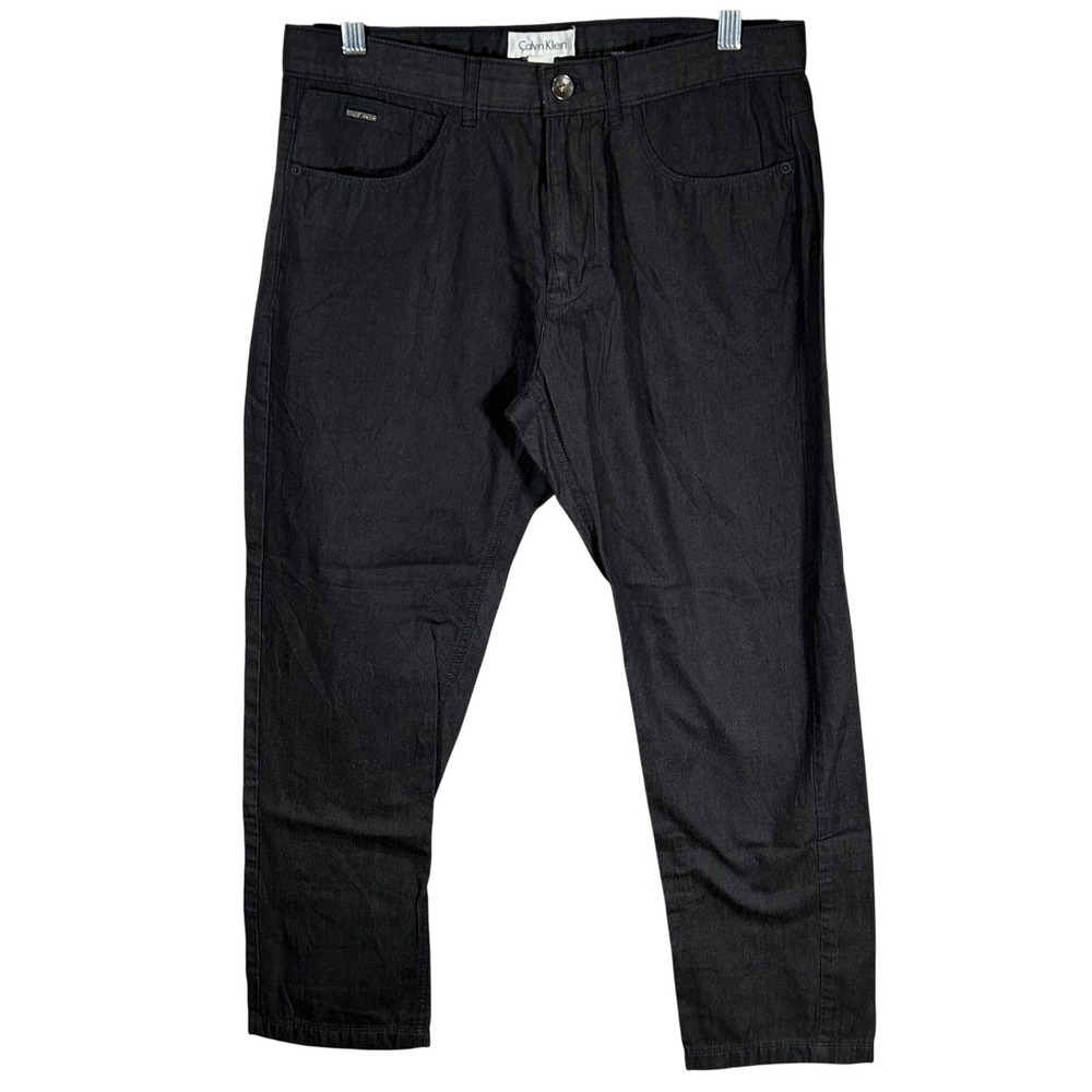 Calvin Klein Mens Black Cotton Straight Leg Pants 32x30 Textured Trousers